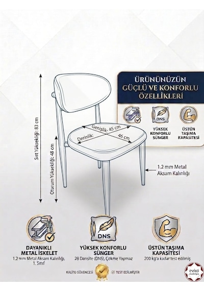 Evko Mobilya İnci Sandalye, Mutfak Salon Sandalyesi, 2 Adet Sandalye, Metal Sandalye, Yemek Sandalyesi, Otel Cafe Restoran Sandalyesi Krem