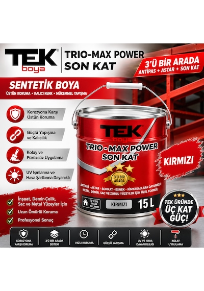 Trio-max Power 3'ü Bir Arada Sentetik Çatı Sacı Boyası Kırmızı Antipas-astar-son Kat 15 Litre