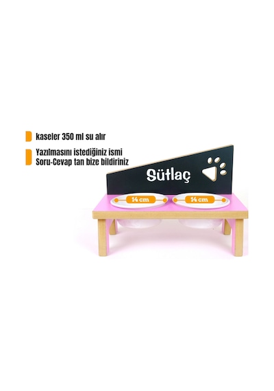 Özel Isimli Seramik Kaseli Kedi- Köpek Mama Ve Su Kabı Stantı-pembe/antrasit - 2 400 Ml.