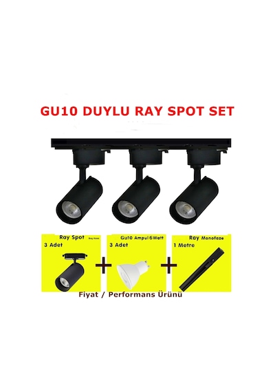 Mini Ray Spot Set 3 Spot + 1M Ray + 3 Ampul Siyah Kasa Sarı Işık