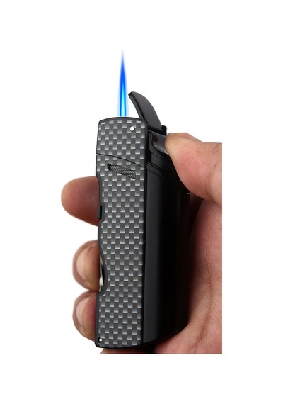 Quantoro Tek Torch Pürmüz Delicili/iğneli Siyah Karbon Desenli Metal Puro Çakmağı - Trz1188