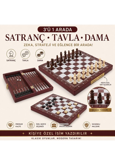 Kişiye Özel İsimli Ahşap 3'ü 1 Arada Satranç Dama Tavla Seti 34 Cm Kilitli Premium Oyun Takımı