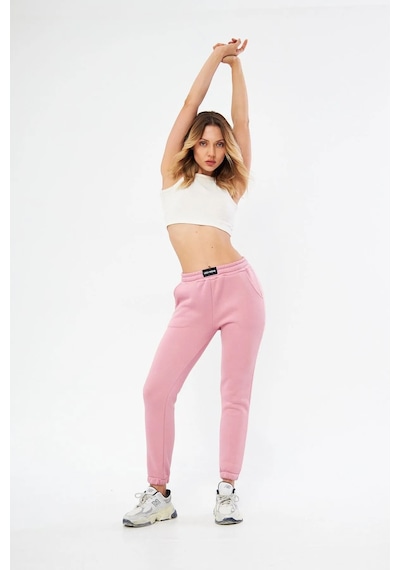 Lesa Wear Yüksel Bel Jogger Şardonlu Eşofman Altı Paçası Lastikli Pembe