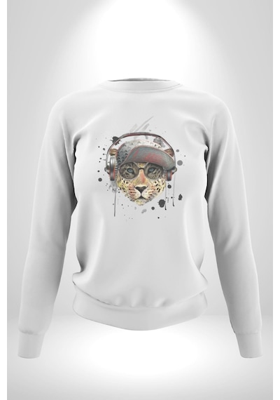 Pop Art Kaplan Müzik Kulaklık Güneş Gözlüğü Unisex Beyaz Baskılı Sweatshirt Beyaz