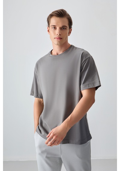 Air Jones Tommy Life Koyu Gri %100 Pamuk Kalın Yumuşak Dokulu Oversize Fit Basic Erkek T-shirt - 88353 Koyu Gri