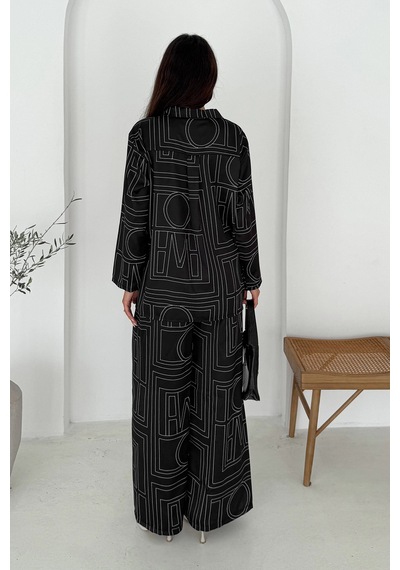 Asprin Fashion Geometrik Desen Modal Saten Takım Siyah Siyah