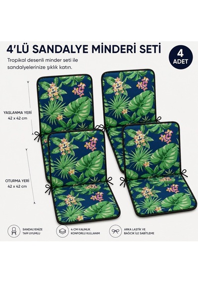 4adet Rattan Arkalıklı Sandalyeminderi Kalınlık 4cm Tropikalyeşil Yeşil