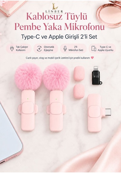 Kablosuz Tüylü Pembe Yaka Mikrofonu Type-c Ve İos Girişli 2 Li Set Bluetooth 5.0 Pembe Pembe