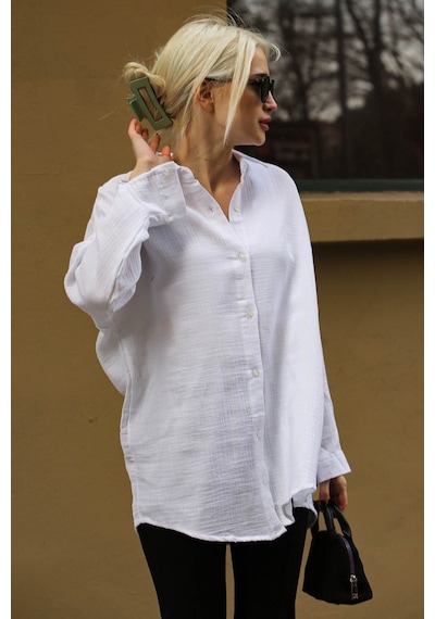 Madmext Beyaz Muslin Kumaş Basic Kadın Gömlek Mg1660 Beyaz