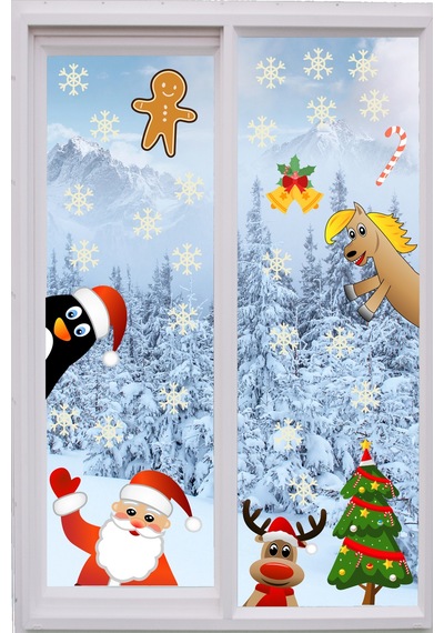 Yılbaşı Sticker Figürleri Noel Baba Ve Geyik ve Kartanesi Pencere Duvar