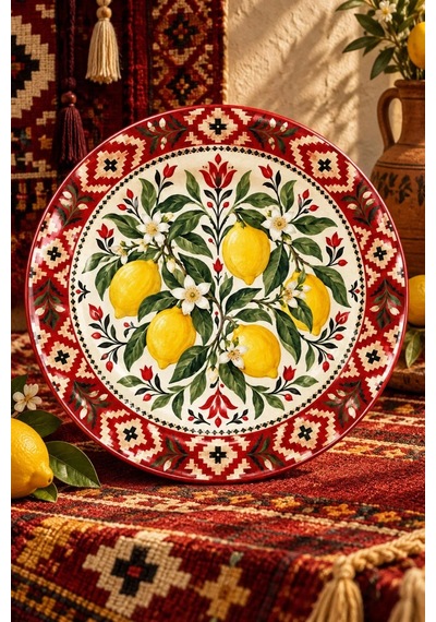 Dekoratif Duvar Tabağı Limon Ve Anadolu Motifleri Dekorlu Seramik Tabak Lacivert