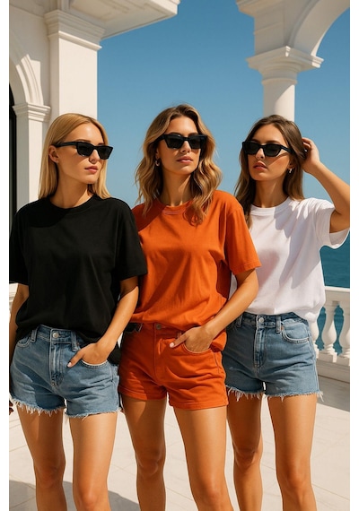 Kadın 3'lü Paket Siyah-beyaz-turuncu %100 Pamuk Oversize Basic Tişört Bisiklet Yaka Relaxed T-shirt Çok Renkli