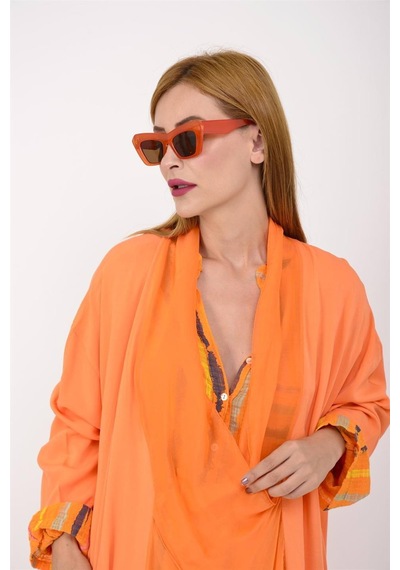 Bohem Stil Italyan Ipek Detaylı Oversize Kaftan & Bluz-8711 Oranj