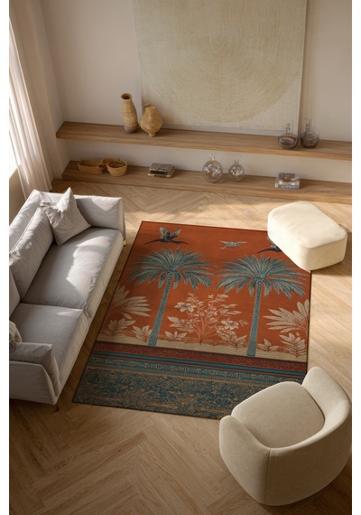 Pera 601 Turuncu Palmiyeli Bohem Halı Renkli Halı İnce Kilim Halı Hol Yolluk Ev Oda Salon Halısı