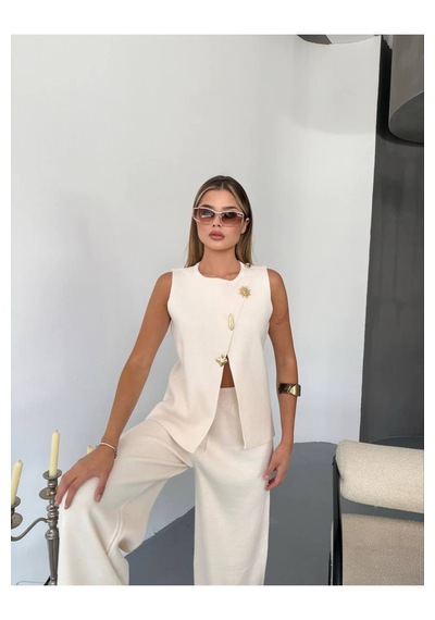 Kechi Woman Gold Aksesuarlı Triko Takım Bej
