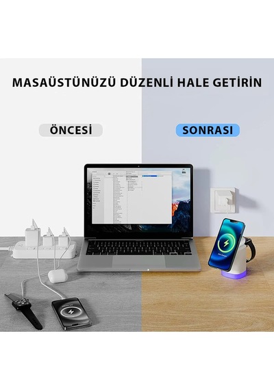 3in1 15w Apple iPhone   Uyumlu AirPods Watch Kablosuz Şarj Cihazı Rgb Işıklı T15