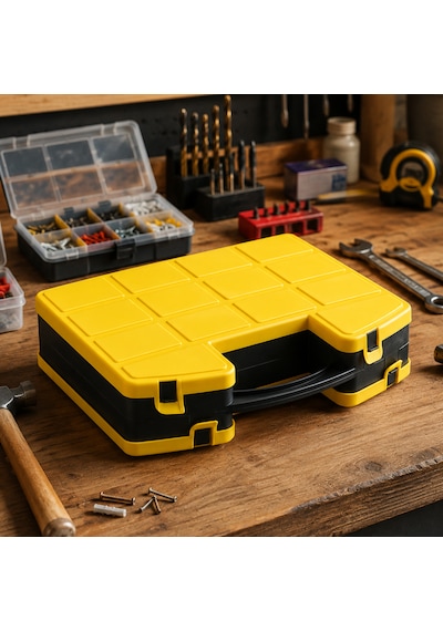 Porsima L-00560 Combo Takım Çantası Çift Taraflı Çok Bölmeli Organizer - Balıkçı Terzi Dişçi Pastane Organizer Kutu Sarı - Siyah