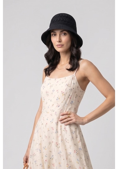 Mollycrush Kadın Siyah Natural Hasır Bucket Şapka Yazlık Plaj Kullanımına Uygun Kova Model Siyah