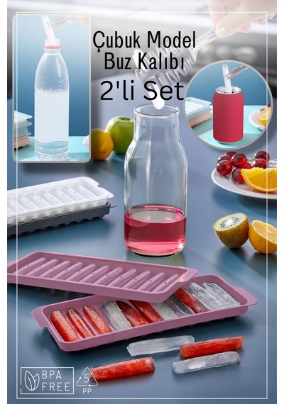 11 Bölmeli Çubuk Model Buz Kalıbı / 2'li Set - Pembe Pembe