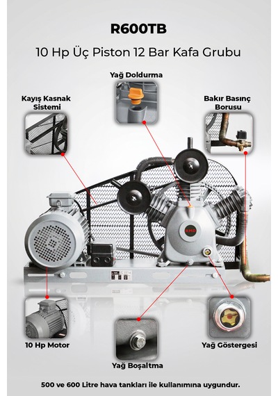 R.m.d Kompresör 10 Hp Üç Piston 12 Bar Kafa Grubu - Üır600tb
