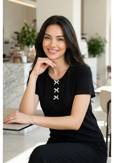 Aura Collections Kadın Bambu Viskon Transfer Ribana Kısa Kollu Düğmeli Pijama Takımı Siyah