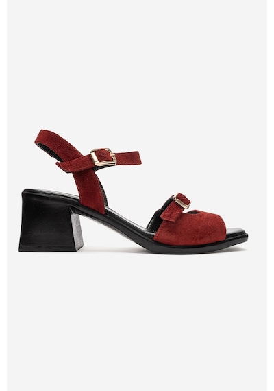 Luvi Shoes Yolen Kırmızı Süet Hakiki Deri Kadın Kalın Topuklu Sandalet