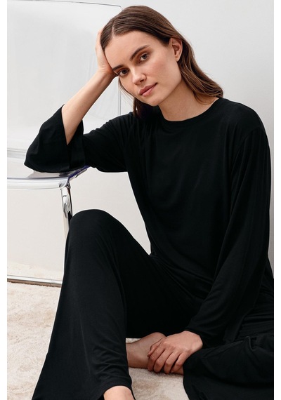 Uzun Kollu Oversize Basic Likralı Viskoz Alt Üst Takım 20210 Siyah