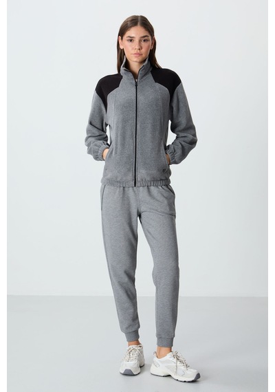 Tommy Life Gri Melanj Kalın Yumuşak Dokulu Dik Yaka Oversize Nakışlı Polar Kadın Sweatshirt - 97293 Gri Melanj