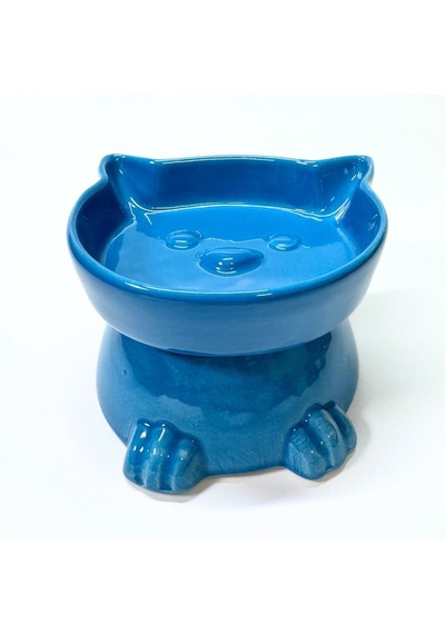 Pawstar Ayaklı Kedi Kafa Figürlü Seramik Mama Kabı 300 Ml - Mavi
