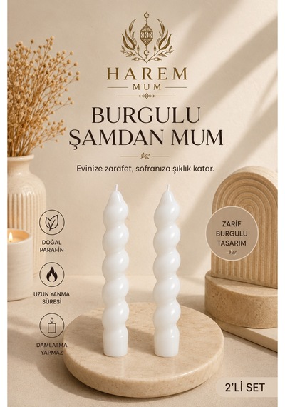 Beyaz Burgulu Şamdan Mum El Yapımı 2 Li Set