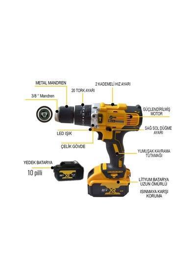 Prohummer Ph031 88vf Darbeli Çift Akülü Şarjlı Matkap Seti - Sarı Seri