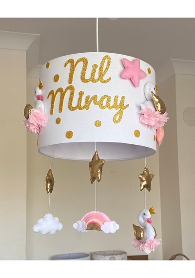 Kuğu Figürlü Gold Kız Bebek Çocuk Odası Özel Tasarım Avize Gold Pembe