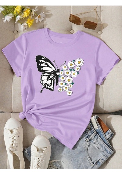 Flood Of Style Kadın Lila Kelebek Papatya Baskılı Oversize T-shirt Mor