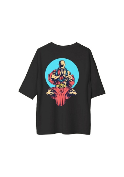 Paybuy Kadın Oversize Meditasyon Figürü Baskılı Tişört %100 Pamuk Rahat Siyah