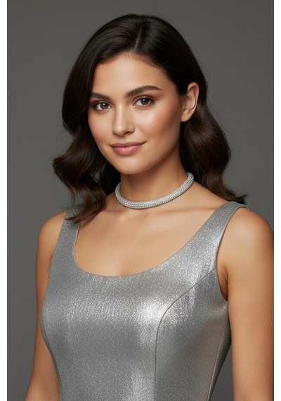 Valmont Accessories Kristal Taşlı 25+10 Cm Choker Işıltılı Şık Kadın Yuvarlak Boru Tasma Kolye Gümüş