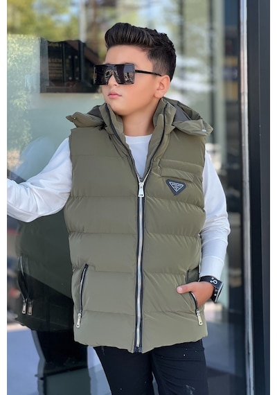 Pina Kids Erkek Çocuk Çıtçıt Kapüşonlu Nova Kumaş Şişme Yelek Ylk3026 Haki