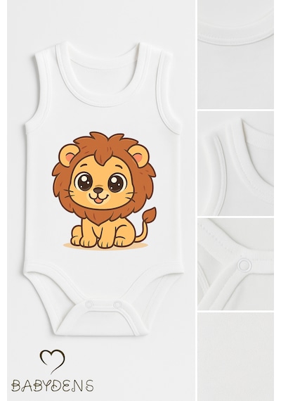 Babyden's %100 Pamuklu Hayvan Figürlü Kolsuz Çıtçıtlı Bebek Body Nefes Alabilir Unisex Zıbın Aslan Beyaz