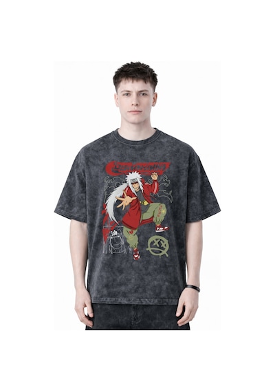 Tasarım Jiraiya Naruto Anime Baskılı Unisex Oversize Eskitme Yıka Siyah