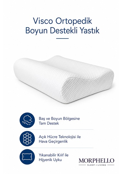 Morphello Ortopedik Boyun Destekli Visco Yastık 60x40 Cm Orta Sert, Yıkanabilir Kılıflı Ergonomik Yastık Beyaz