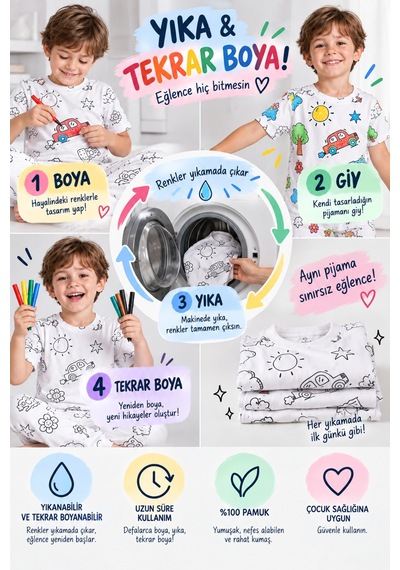Pijamask Boyanabilir Unisex Çocuk Pijama Takımı 6 Renk Keçeli Kalem Hediyeli, Yıka Tekrar Boya, %100 Pamuk Beyaz