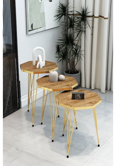 3'lü Sekizgen Zigon Sehpa Ve Dikdörtgen Orta Sehpa Takımı Modern Gold Metal Ayaklı Salon Sehpa Seti Atlantik Çam 3'lü Sekizgen Zigon Sehpa Ve Dikdörtgen Orta Sehpa Takımı Modern Gold Metal Ayaklı Salon Sehpa Seti Atlantik Çam