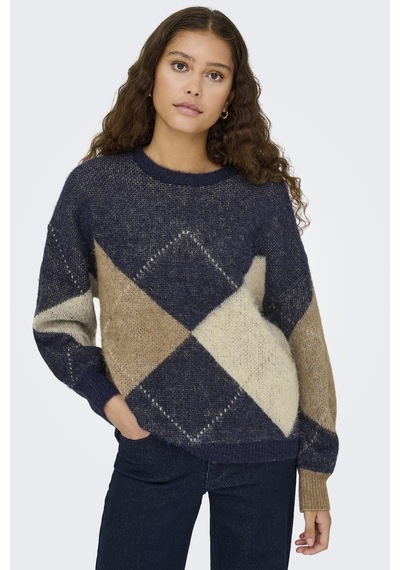 Only Noeme Life Ls Jacquard O-neck Kadın Triko Kazak Jakarlı Bisiklet Yaka Mavi