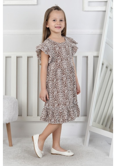New Kids Leopar Desenli Kız Çocuk Elbise-90721 Kahverengi