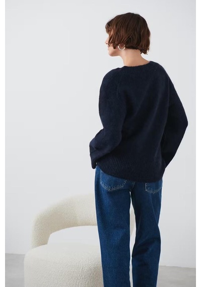 Madmext Lacivert V Yaka Oversize Kadın Triko Kazak Mg2149-lacivert Lacivert
