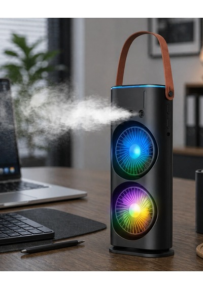 Buğz Çift Başlıklı Taşınabilir Fan Rgb Işıklı Sprey Nemlendiricili Masaüstü Serinletici Fan