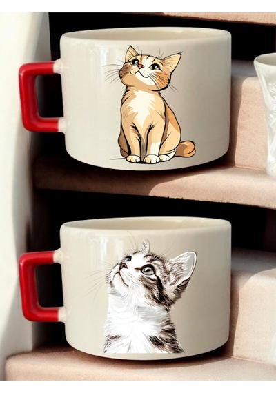 Sevimli Kedi Görseli Baskılı 2'li Kahve Fincanı Seramik Kupa - Seramik Çay, Kahve Hediyelik Beyaz