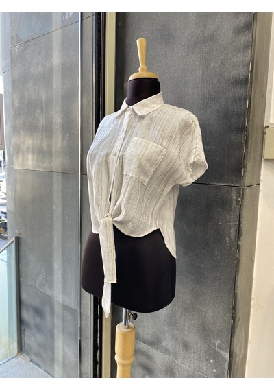 Pera Moda Önden Bağlamalı Keten Görünümlü Viskon Crop Gömlek Beyaz