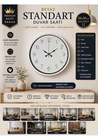 Beyaz 36 Cm Standart Duvar Saati Standart Rakamlı