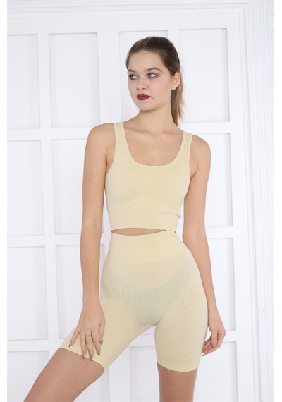 Escetic Kadın Spor Bej Toparlayıcı, Yüksek Bel Fitnes Bra Şort-tayt Takım-4314 - Xs