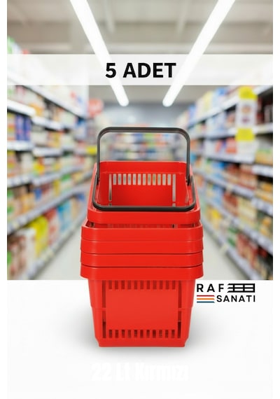 5 Adet / 22 Litre Plastik Market Alışveriş Sepeti Profesyonel Market Mağaza El Sepeti Kırmızı
